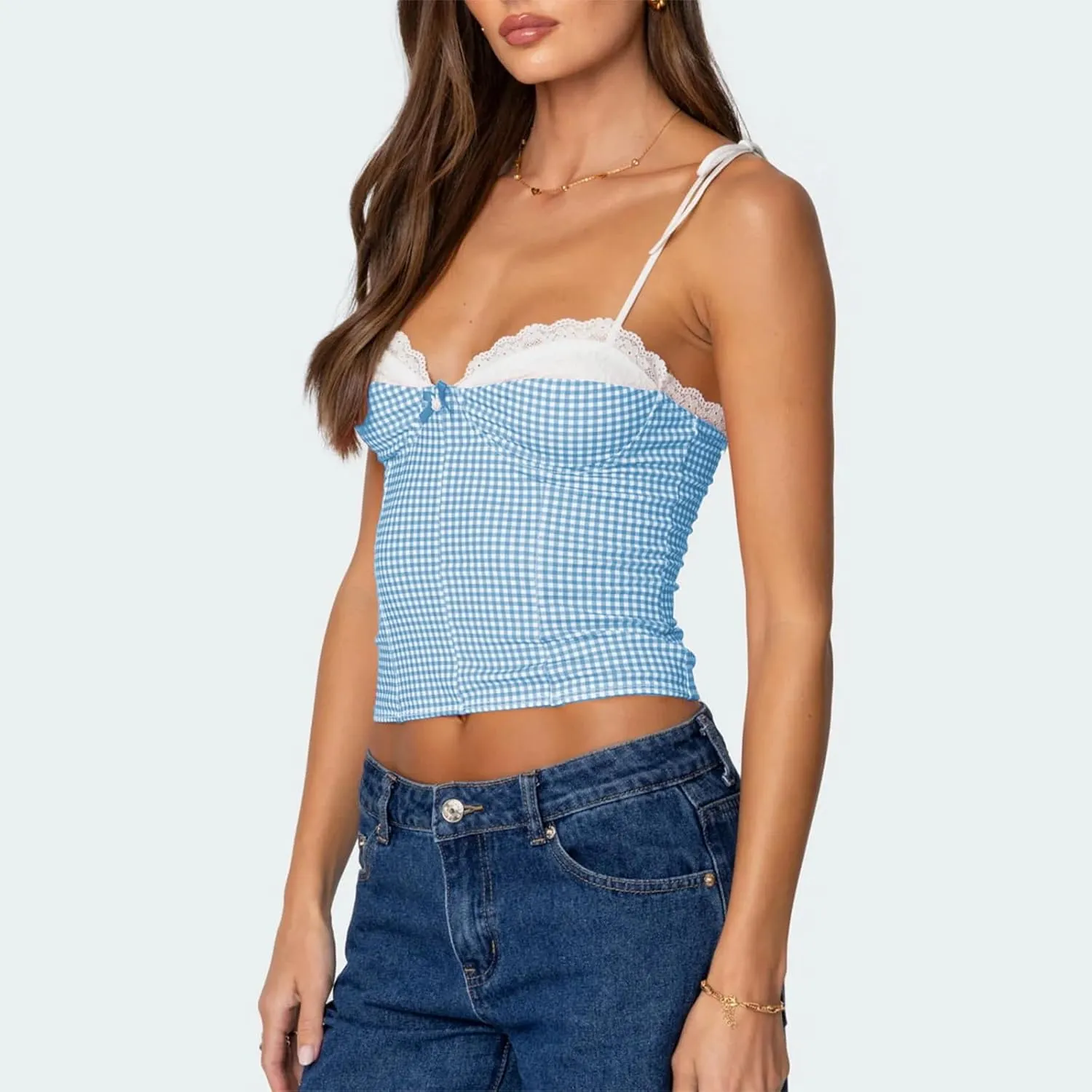 Women Y2K Gingham Tank Top Lace Trim Spaghetti Strap Sleeveless Camisoles Summer Slim Fit Basic Crop Cami Shirt