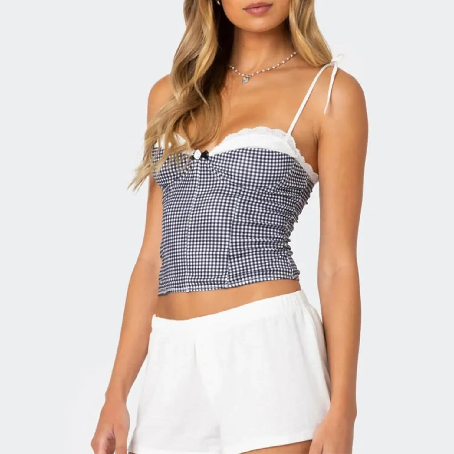 Women Y2K Gingham Tank Top Lace Trim Spaghetti Strap Sleeveless Camisoles Summer Slim Fit Basic Crop Cami Shirt