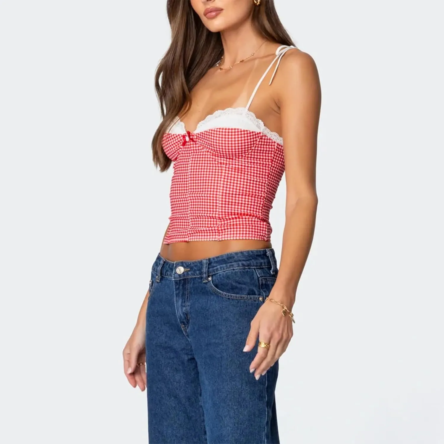 Women Y2K Gingham Tank Top Lace Trim Spaghetti Strap Sleeveless Camisoles Summer Slim Fit Basic Crop Cami Shirt