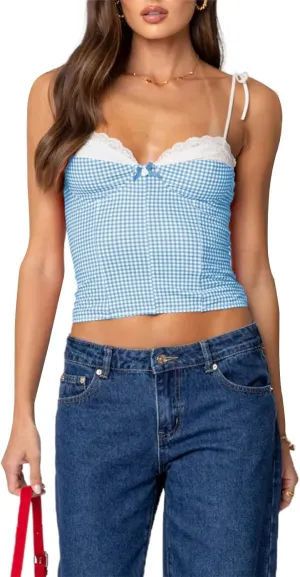 Women Y2K Gingham Tank Top Lace Trim Spaghetti Strap Sleeveless Camisoles Summer Slim Fit Basic Crop Cami Shirt