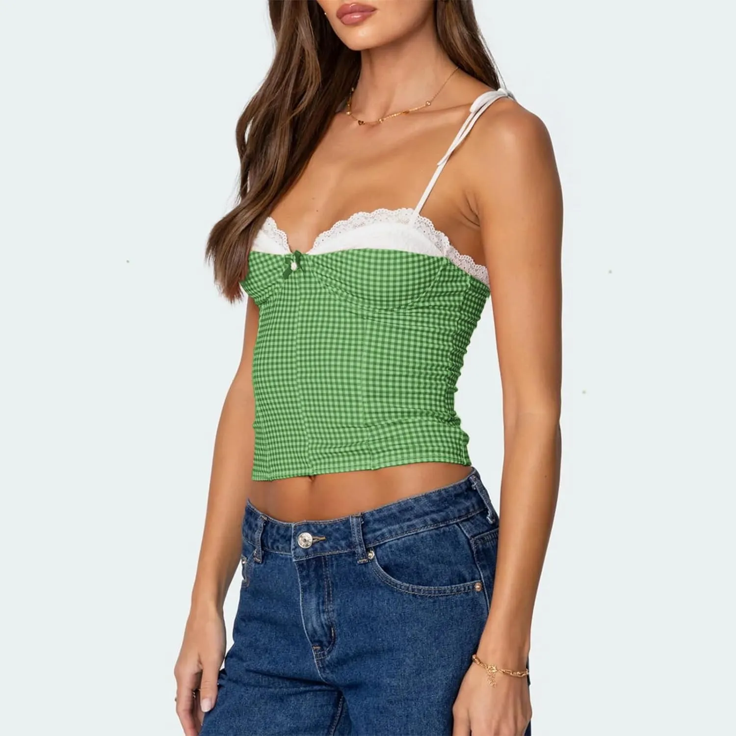 Women Y2K Gingham Tank Top Lace Trim Spaghetti Strap Sleeveless Camisoles Summer Slim Fit Basic Crop Cami Shirt