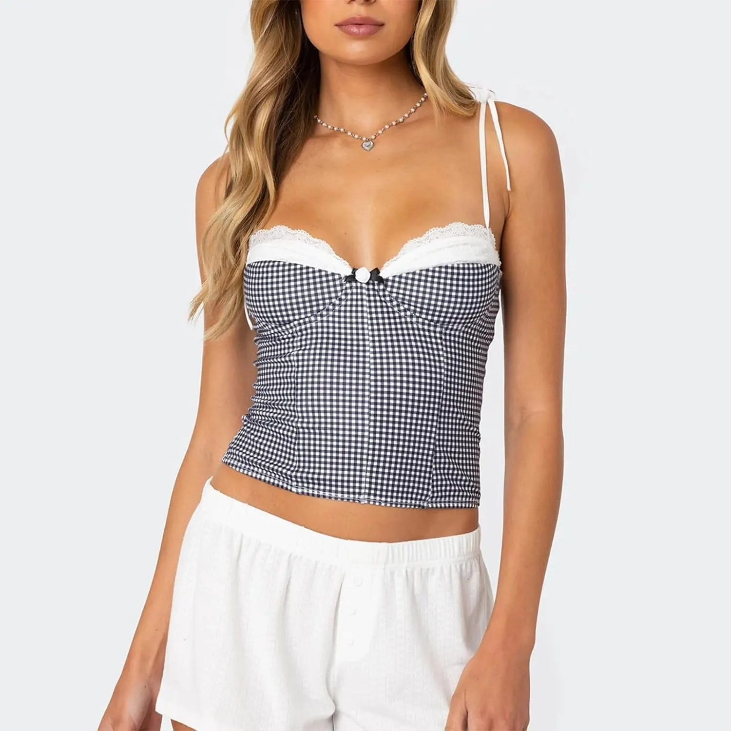 Women Y2K Gingham Tank Top Lace Trim Spaghetti Strap Sleeveless Camisoles Summer Slim Fit Basic Crop Cami Shirt