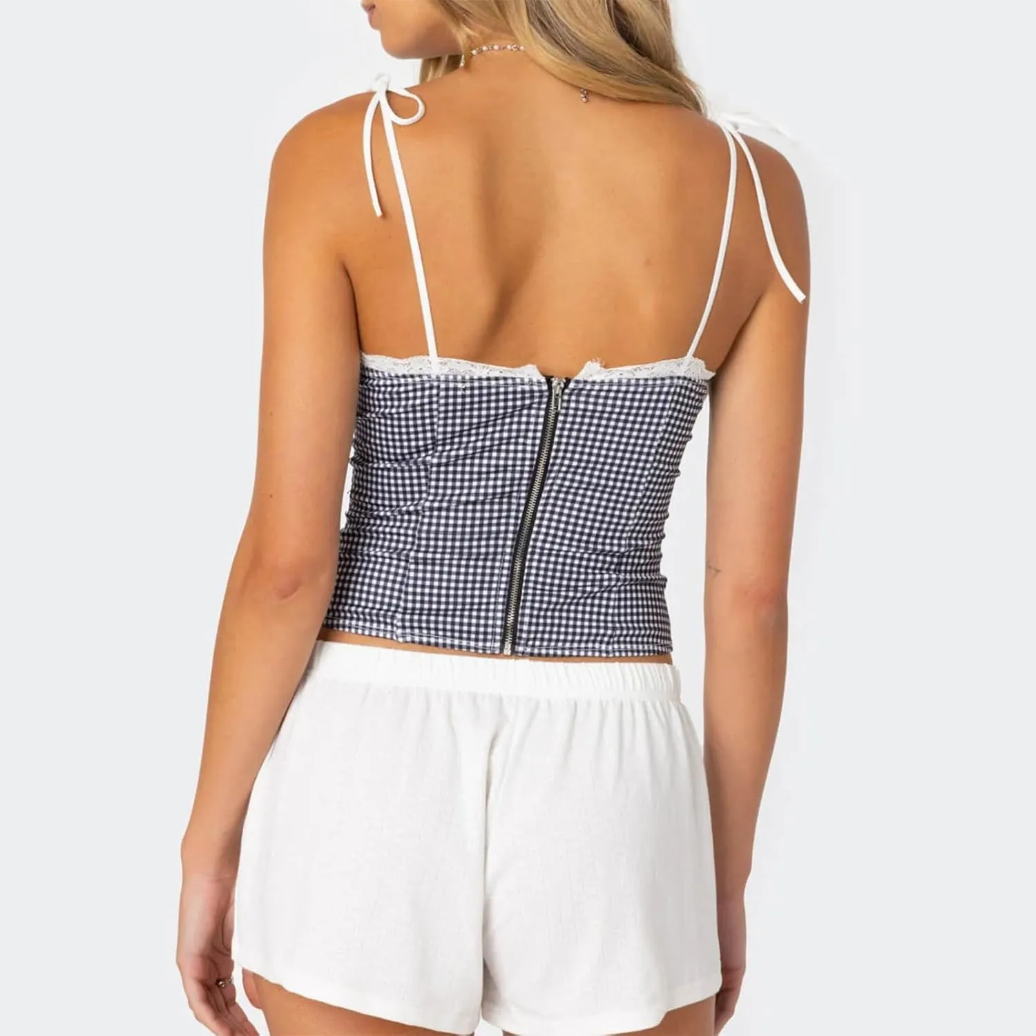 Women Y2K Gingham Tank Top Lace Trim Spaghetti Strap Sleeveless Camisoles Summer Slim Fit Basic Crop Cami Shirt