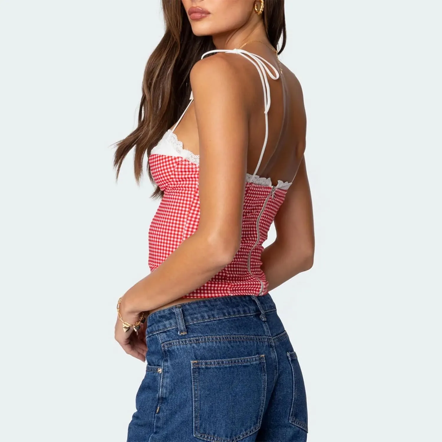 Women Y2K Gingham Tank Top Lace Trim Spaghetti Strap Sleeveless Camisoles Summer Slim Fit Basic Crop Cami Shirt