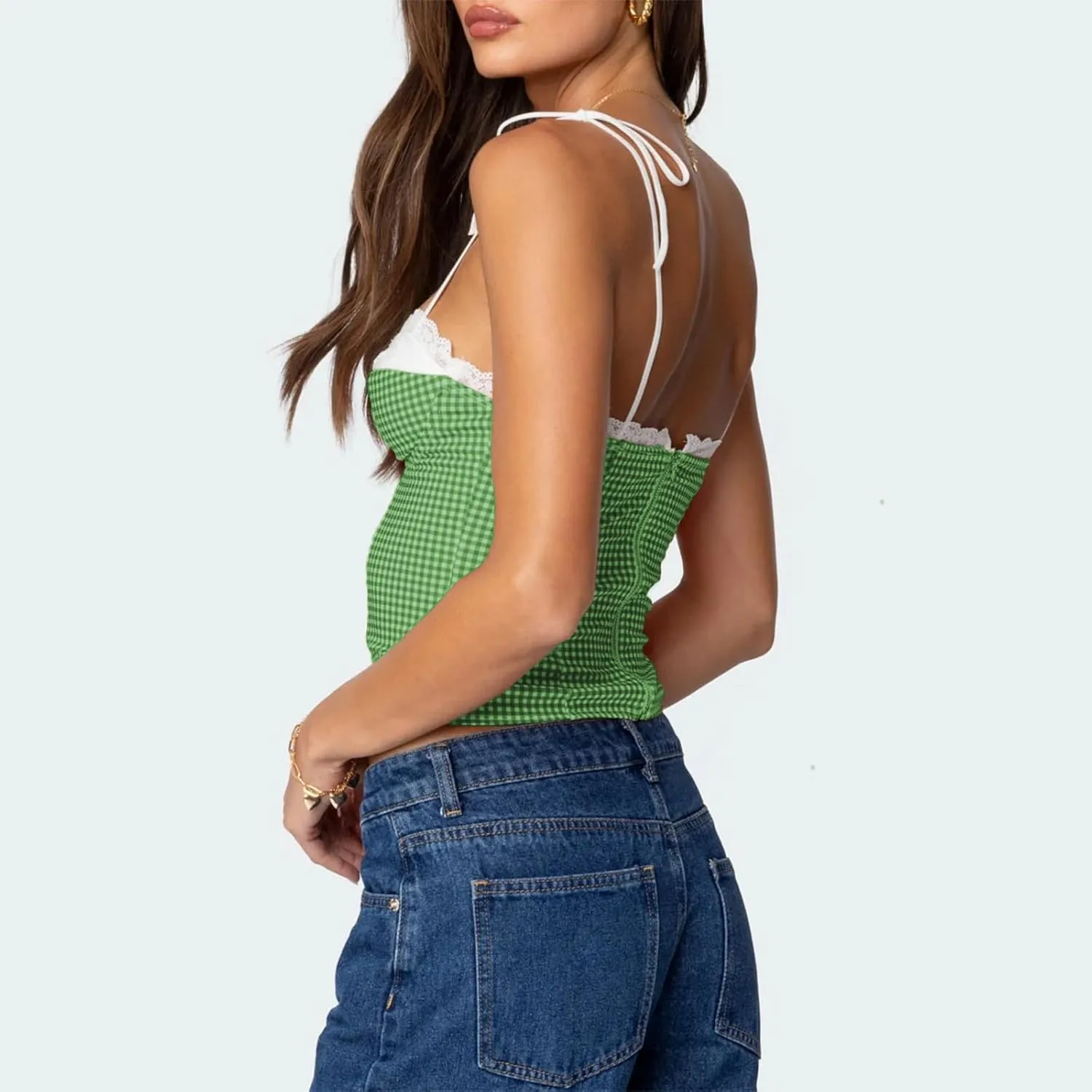 Women Y2K Gingham Tank Top Lace Trim Spaghetti Strap Sleeveless Camisoles Summer Slim Fit Basic Crop Cami Shirt