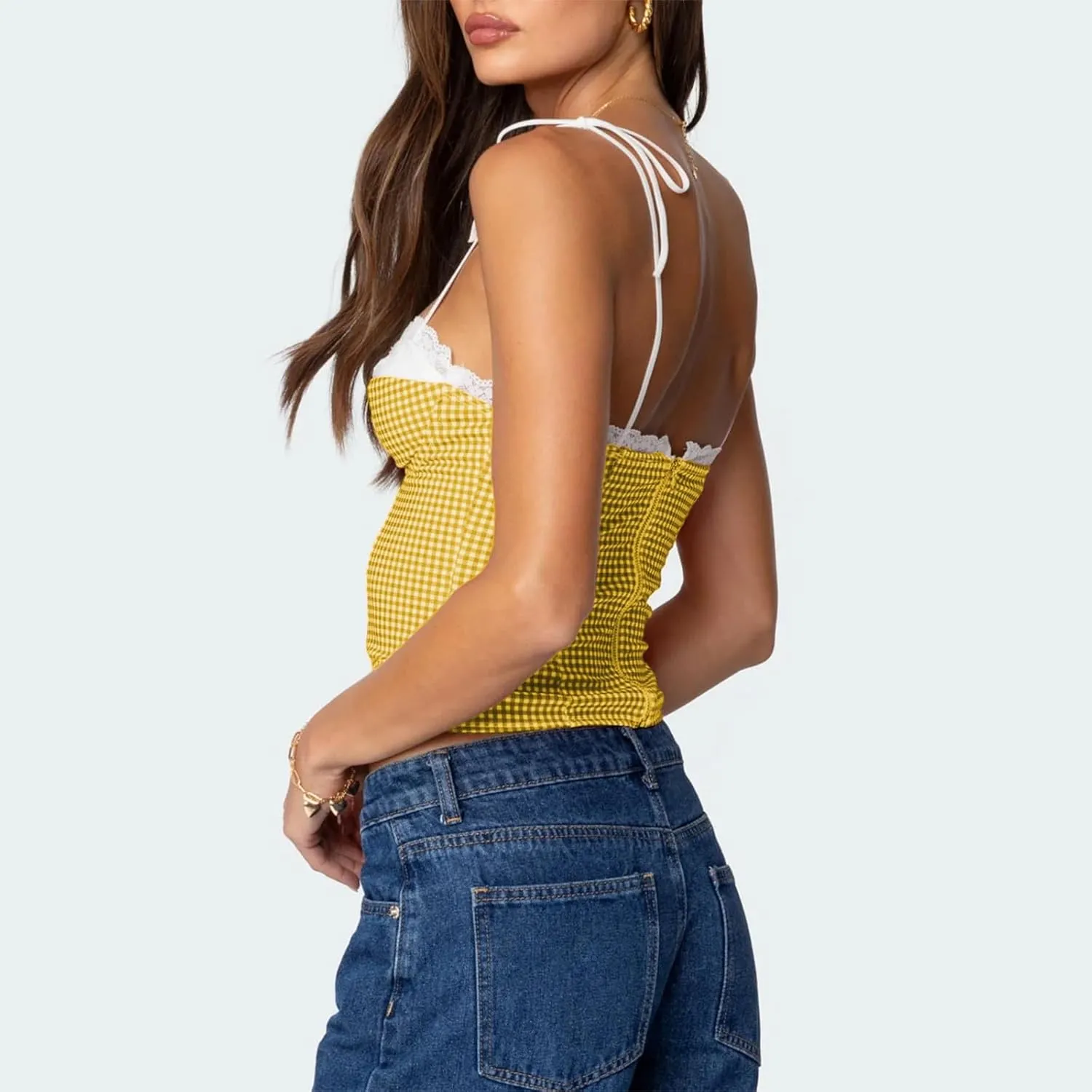 Women Y2K Gingham Tank Top Lace Trim Spaghetti Strap Sleeveless Camisoles Summer Slim Fit Basic Crop Cami Shirt