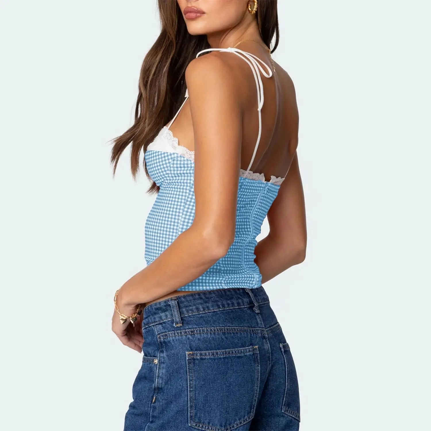 Women Y2K Gingham Tank Top Lace Trim Spaghetti Strap Sleeveless Camisoles Summer Slim Fit Basic Crop Cami Shirt