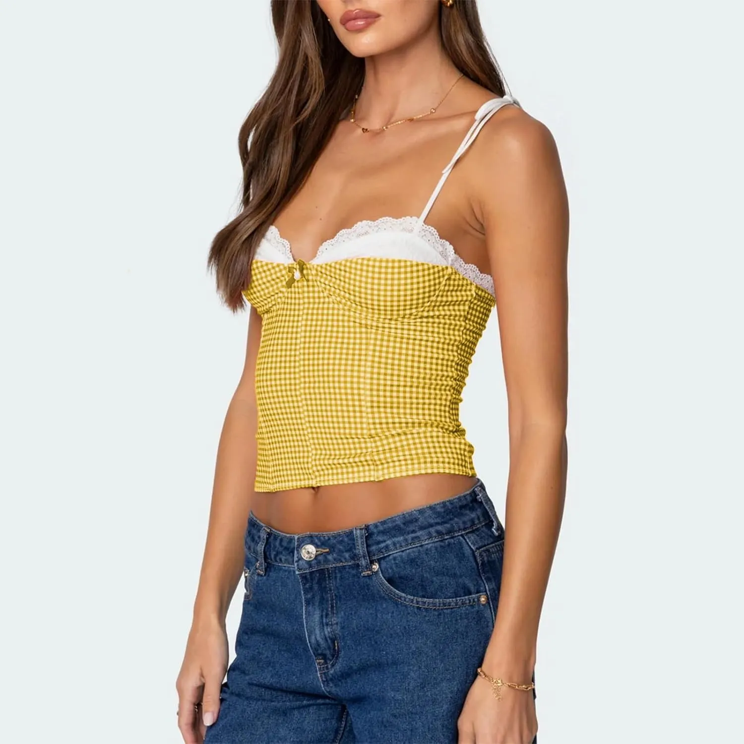 Women Y2K Gingham Tank Top Lace Trim Spaghetti Strap Sleeveless Camisoles Summer Slim Fit Basic Crop Cami Shirt