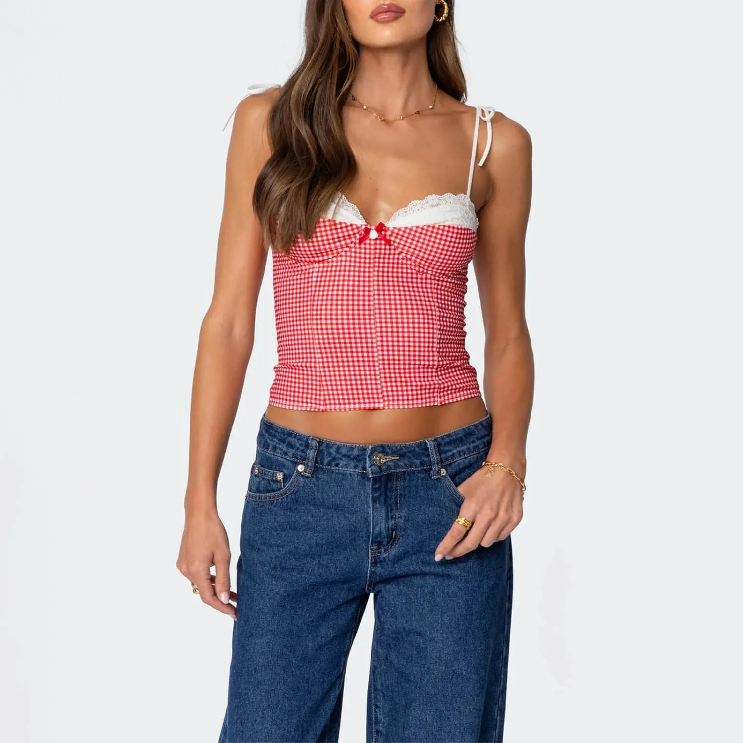 Women Y2K Gingham Tank Top Lace Trim Spaghetti Strap Sleeveless Camisoles Summer Slim Fit Basic Crop Cami Shirt