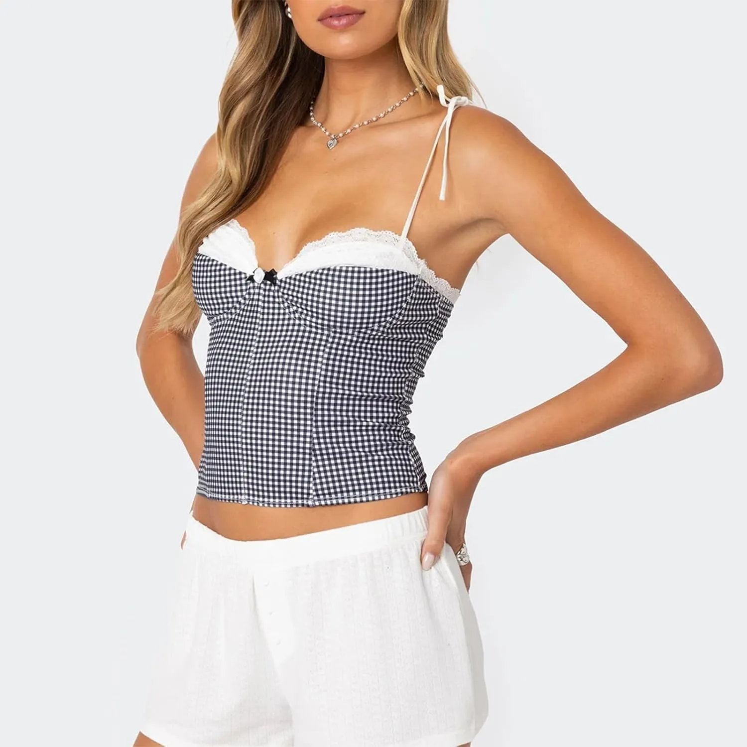 Women Y2K Gingham Tank Top Lace Trim Spaghetti Strap Sleeveless Camisoles Summer Slim Fit Basic Crop Cami Shirt