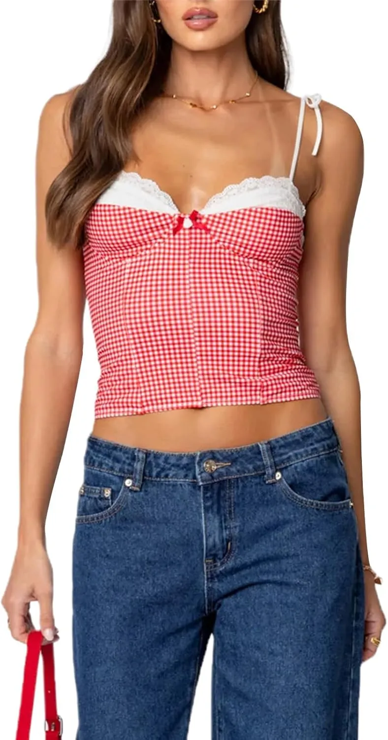 Women Y2K Gingham Tank Top Lace Trim Spaghetti Strap Sleeveless Camisoles Summer Slim Fit Basic Crop Cami Shirt
