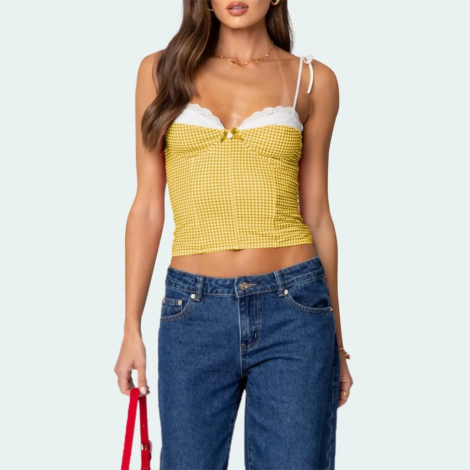 Women Y2K Gingham Tank Top Lace Trim Spaghetti Strap Sleeveless Camisoles Summer Slim Fit Basic Crop Cami Shirt