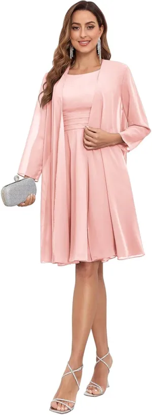 Women's 2 Pieces Mother of The Bride Dresses Chiffon Pleated Knee Length Evening Formal Gowns with Jacket