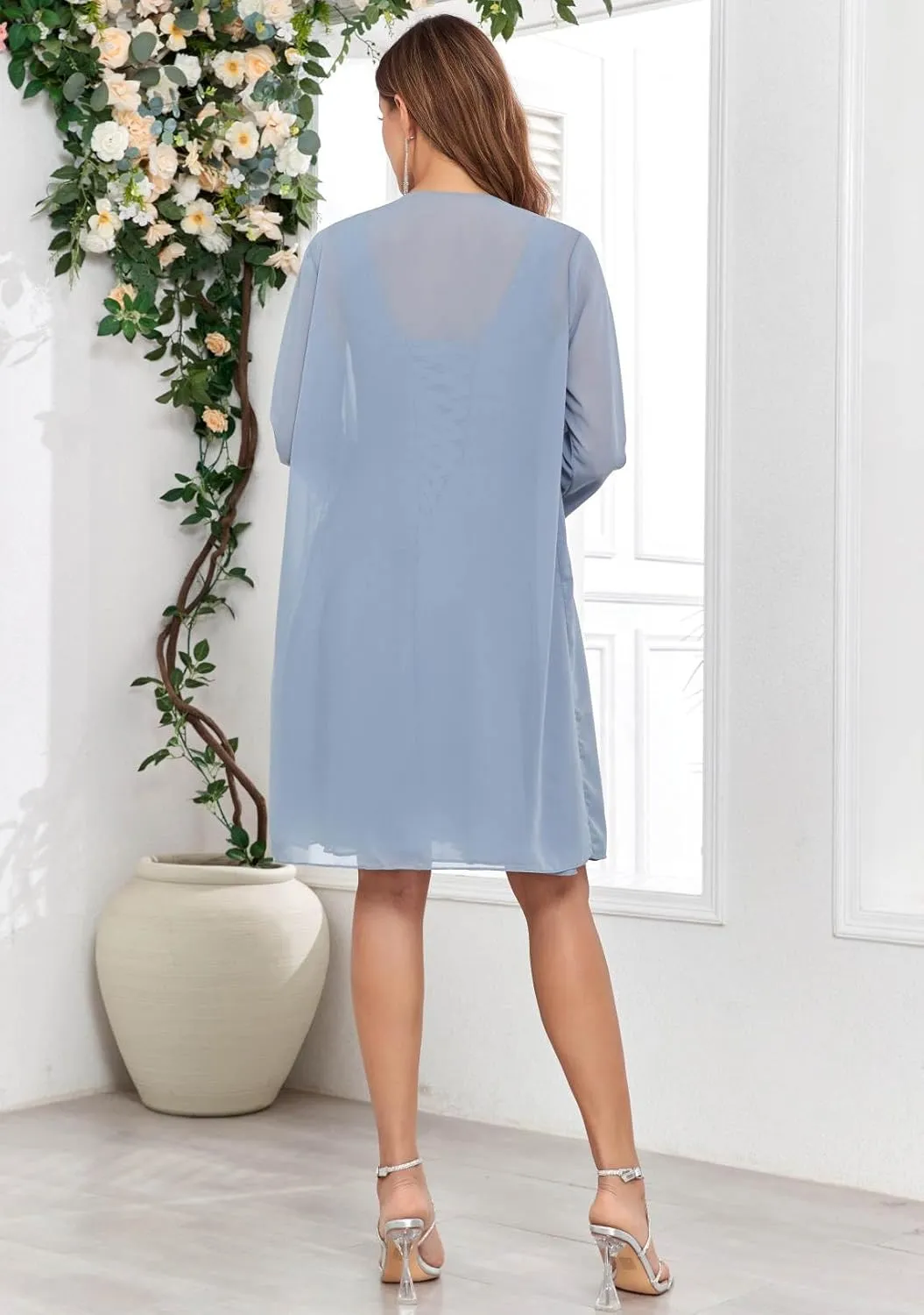 Women's 2 Pieces Mother of The Bride Dresses Chiffon Pleated Knee Length Evening Formal Gowns with Jacket