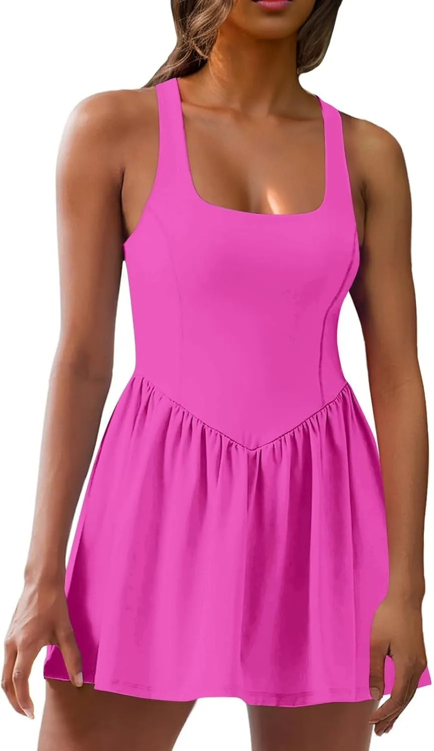 Womens 2024 Athletic Tennis with Build in Shorts Pleated Summer Mini Dress Golf Workout Exercise Active Golf Dresses