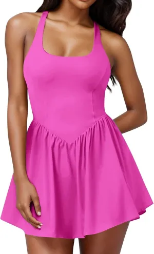 Womens 2024 Athletic Tennis with Build in Shorts Pleated Summer Mini Dress Golf Workout Exercise Active Golf Dresses