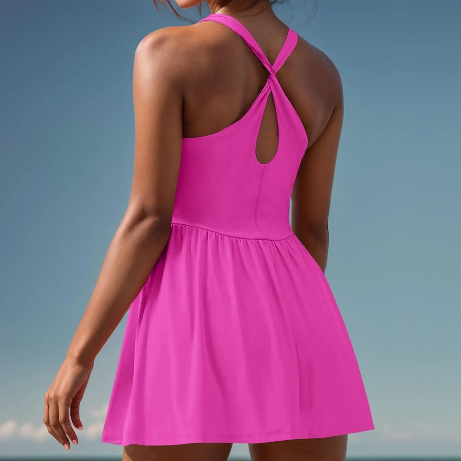 Womens 2024 Athletic Tennis with Build in Shorts Pleated Summer Mini Dress Golf Workout Exercise Active Golf Dresses