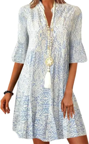 Women's 2025 Blue and White Vintage Print Half Sleeve Mini Dress Casual V Neck Ruffle A-Line Summer Short Dresses