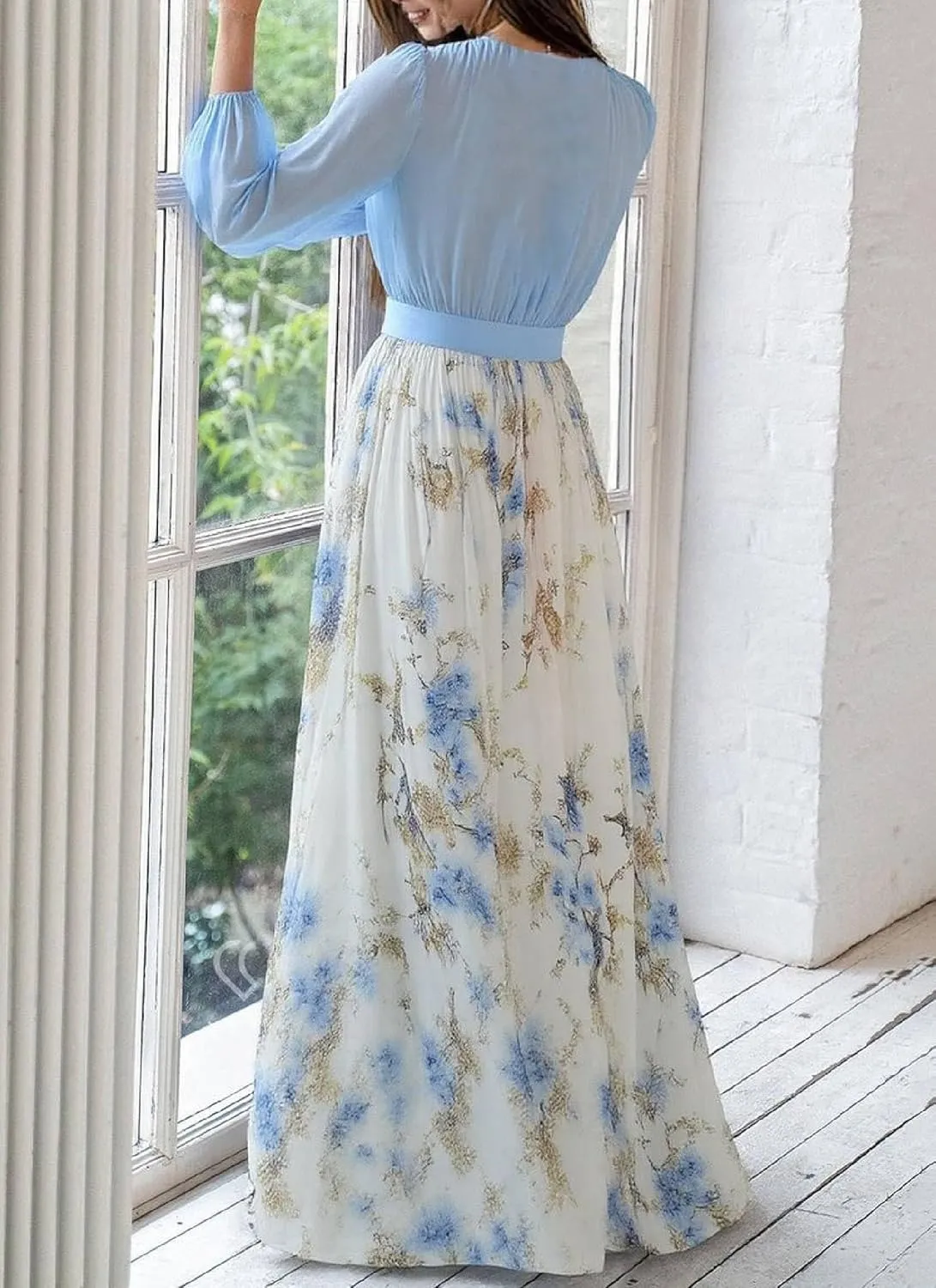 Women's 2025 Summer Blue Floral Print V-Neck Long Sleeve A Line Girdling Elegance Flowy Party Maxi Dress