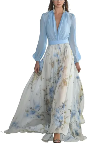 Women's 2025 Summer Blue Floral Print V-Neck Long Sleeve A Line Girdling Elegance Flowy Party Maxi Dress