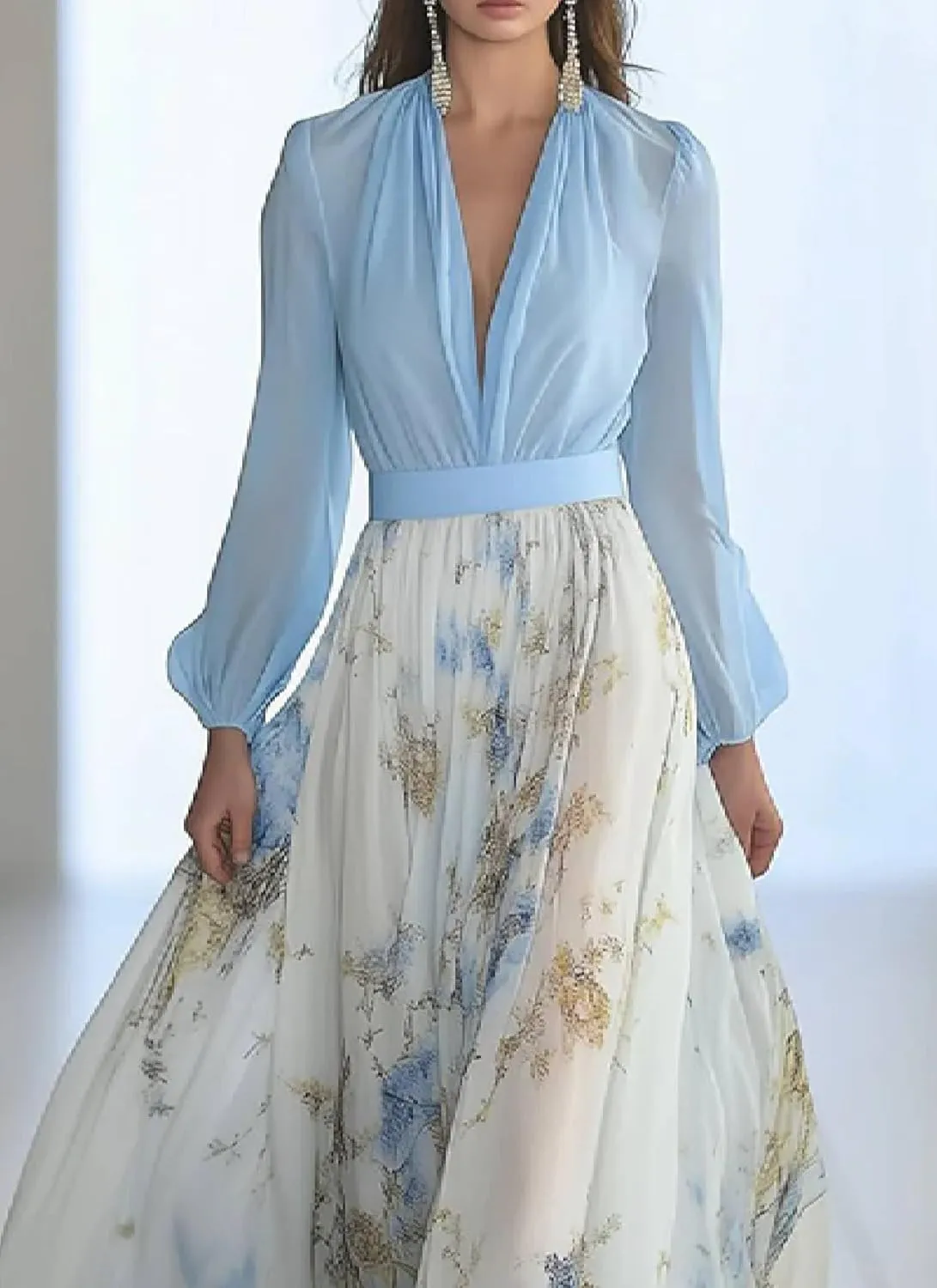 Women's 2025 Summer Blue Floral Print V-Neck Long Sleeve A Line Girdling Elegance Flowy Party Maxi Dress