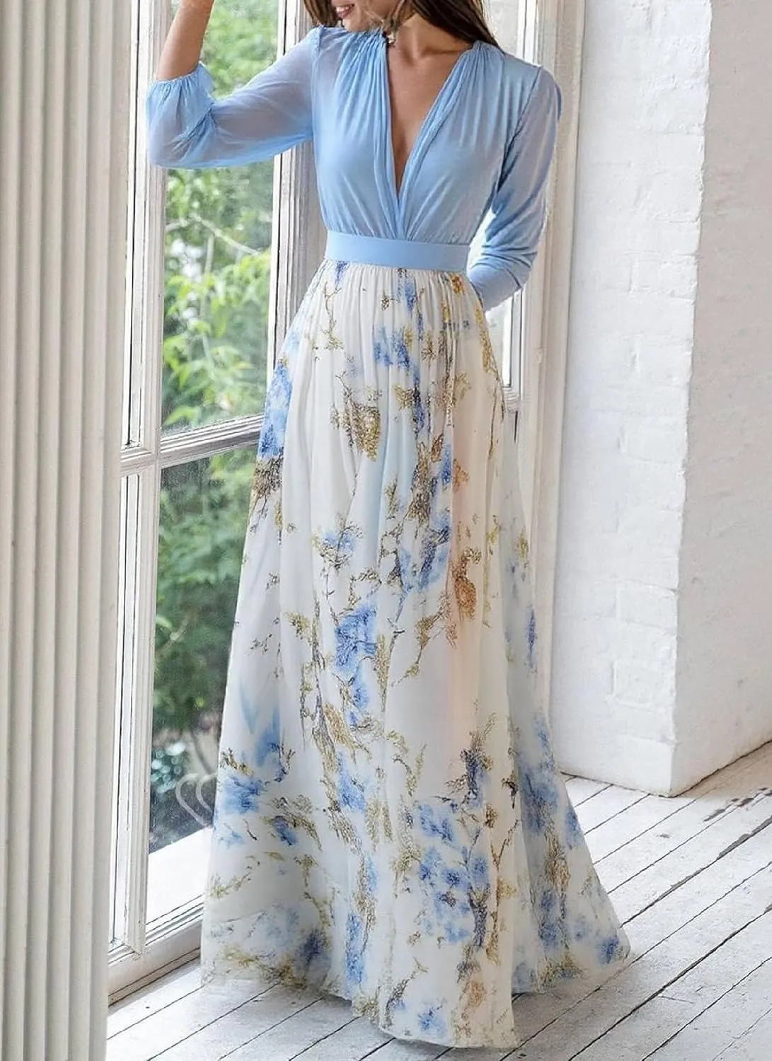 Women's 2025 Summer Blue Floral Print V-Neck Long Sleeve A Line Girdling Elegance Flowy Party Maxi Dress