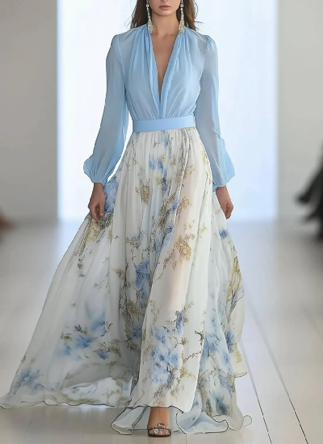 Women's 2025 Summer Blue Floral Print V-Neck Long Sleeve A Line Girdling Elegance Flowy Party Maxi Dress