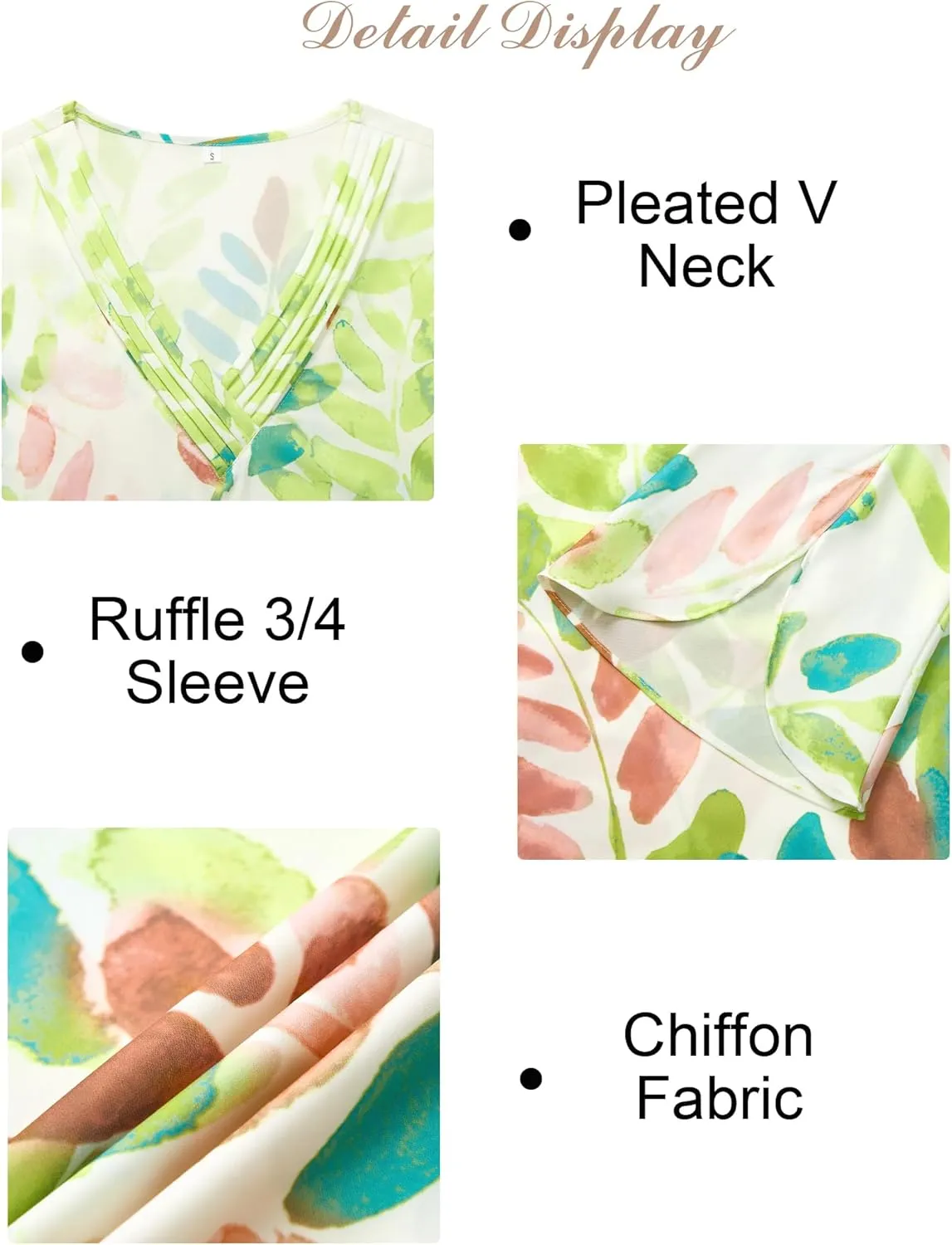 Women's 3/4 Sleeve Tops Pleated V Neck Business Casual Chffion Blouses Dressy Office Work Shirts Loose Fit Tunics