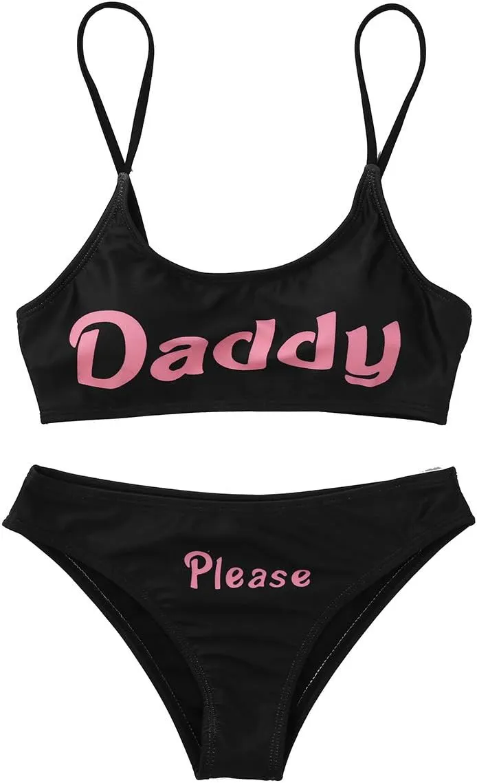 Women's Cami Bikini Bra Set Yes Daddy Printed Cami Strap Padded Swimsuit Bathing Suit
