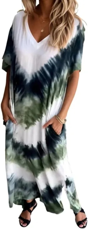 Women's Casual Gradient Sundress Short Sleeve Split Maxi with Pockets Long Beach Shirt Dress 2024 Summer Dresses