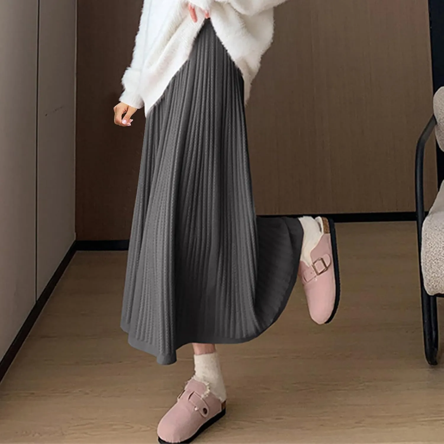 Women's Casual Knitted Skirts Simple Plain Ribbed Midi Skirts Trendy Y2K Fall Winter Going Out Basic Long Skirt 2024