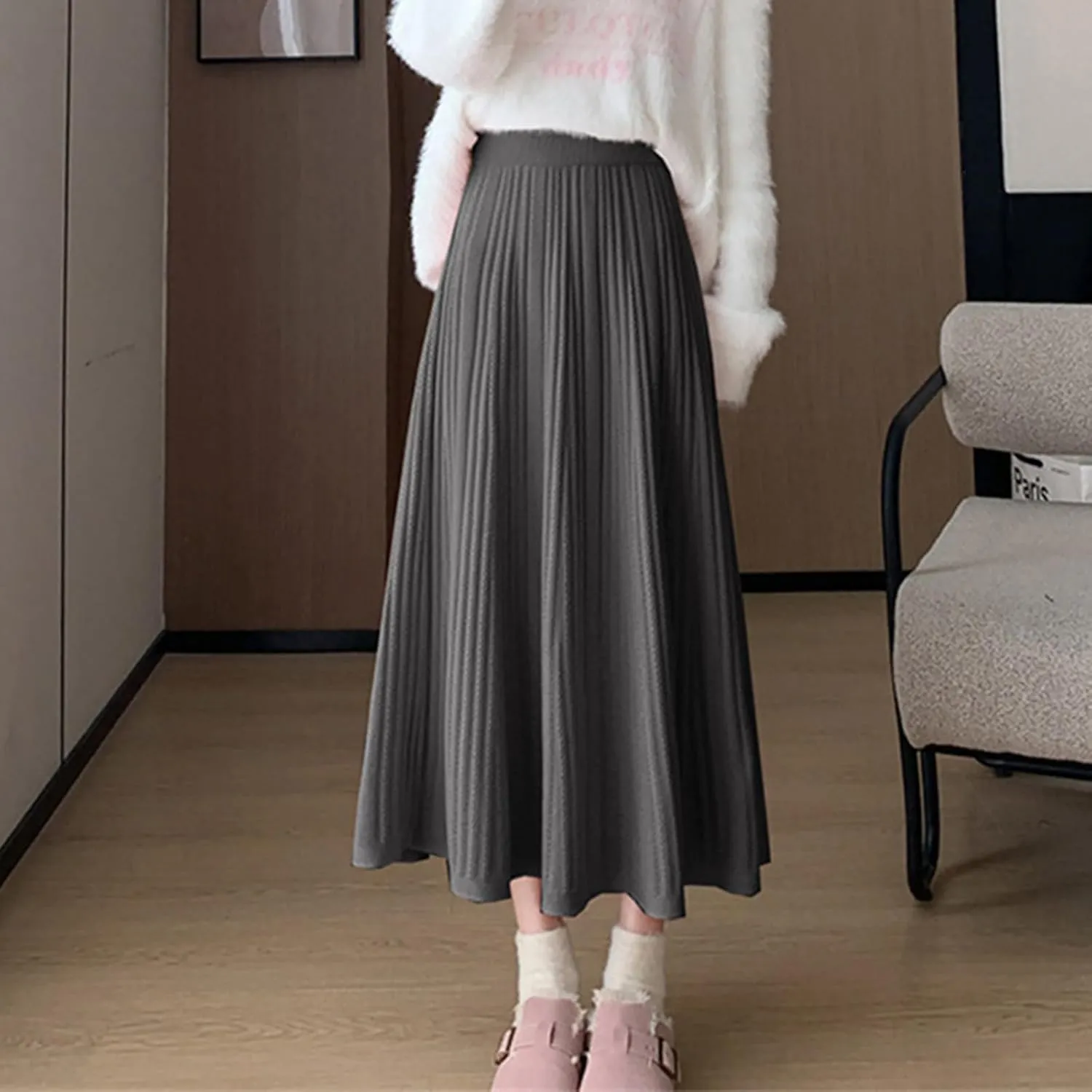 Women's Casual Knitted Skirts Simple Plain Ribbed Midi Skirts Trendy Y2K Fall Winter Going Out Basic Long Skirt 2024