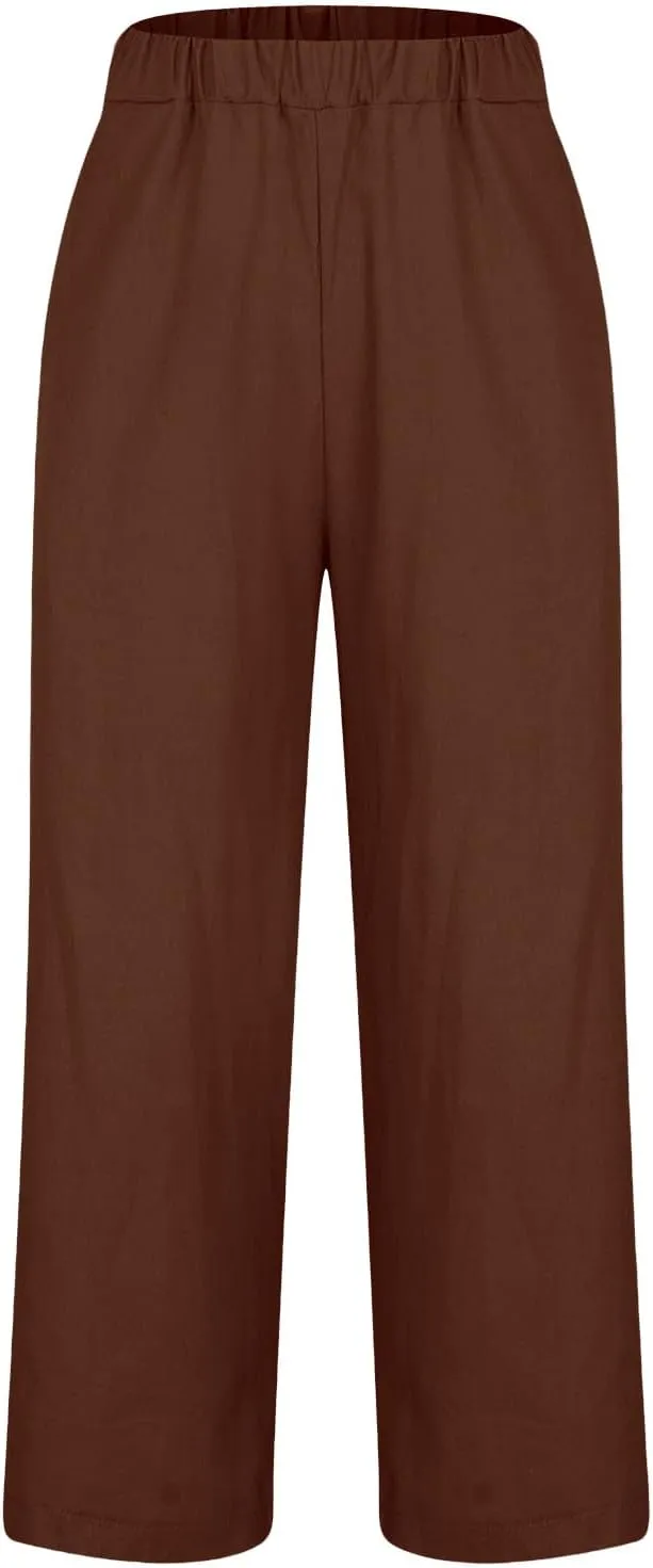 Womens Casual Linen High Waist Drawstring Pants Loose Fit Summer Beach Wide Leg Cropped Trousers with Pockets