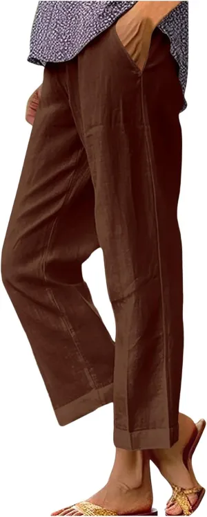 Womens Casual Linen High Waist Drawstring Pants Loose Fit Summer Beach Wide Leg Cropped Trousers with Pockets