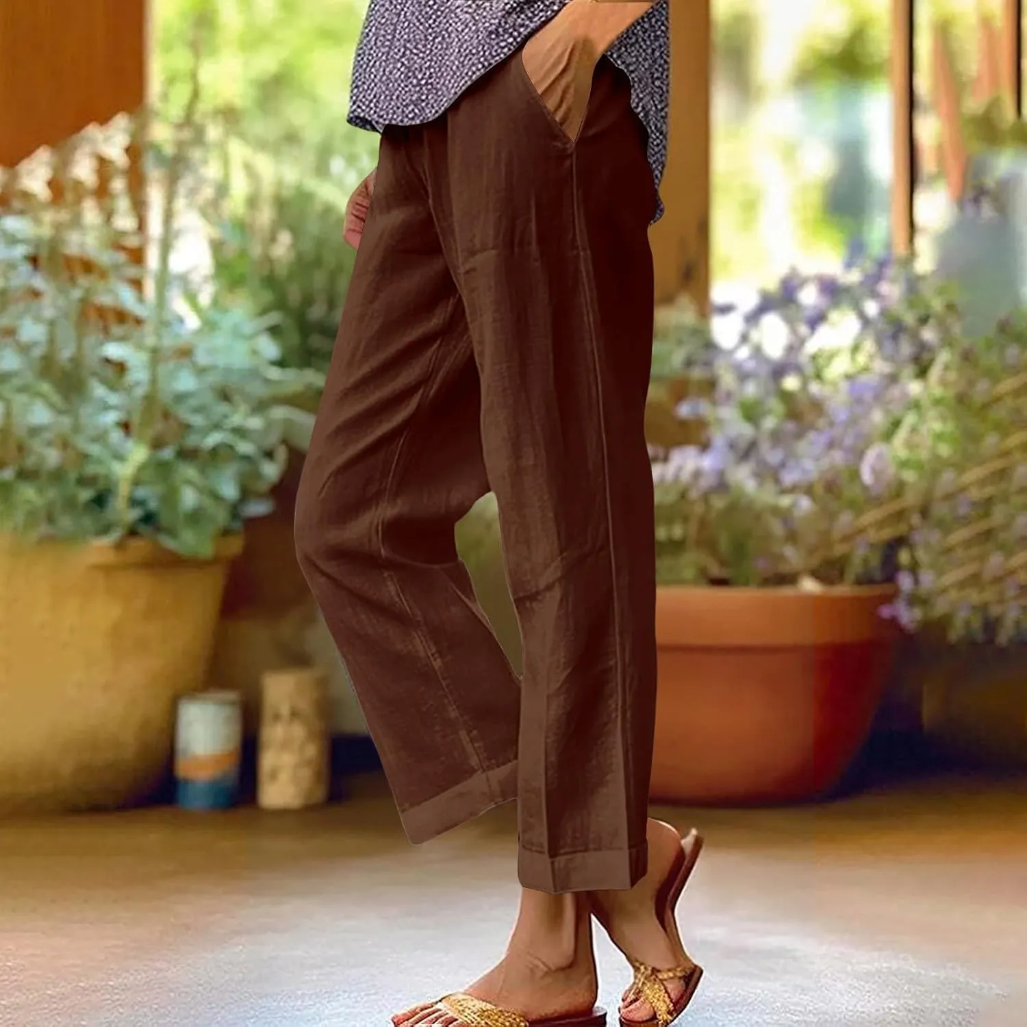 Womens Casual Linen High Waist Drawstring Pants Loose Fit Summer Beach Wide Leg Cropped Trousers with Pockets