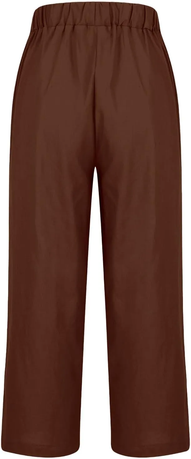Womens Casual Linen High Waist Drawstring Pants Loose Fit Summer Beach Wide Leg Cropped Trousers with Pockets