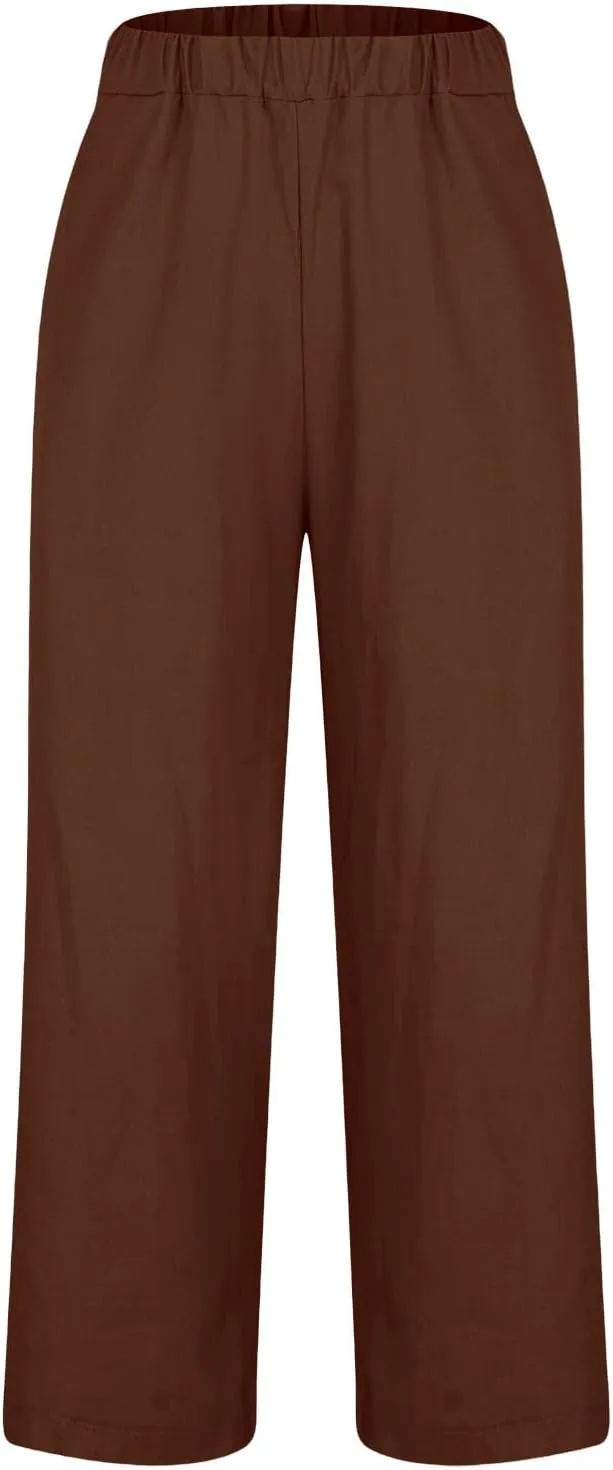 Womens Casual Linen High Waist Drawstring Pants Loose Fit Summer Beach Wide Leg Cropped Trousers with Pockets