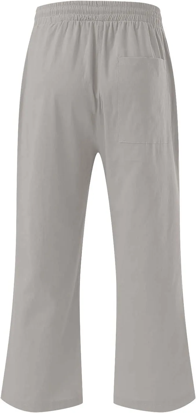 Womens Casual Linen Pants 2025 Spring Drawstring Elastic Waist Trousers with Pockets Fashion Capri Pants Clothing