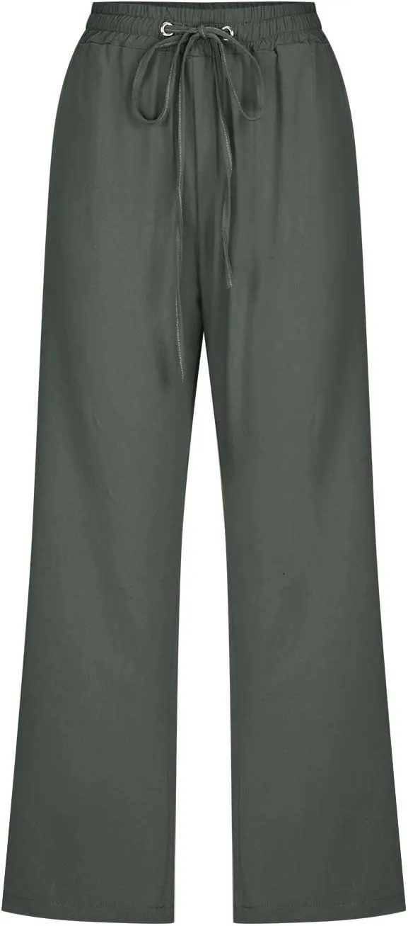 Womens Casual Linen Pants 2025 Spring Drawstring Elastic Waist Trousers with Pockets Fashion Capri Pants Clothing