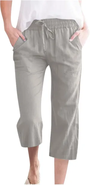 Womens Casual Linen Pants 2025 Spring Drawstring Elastic Waist Trousers with Pockets Fashion Capri Pants Clothing