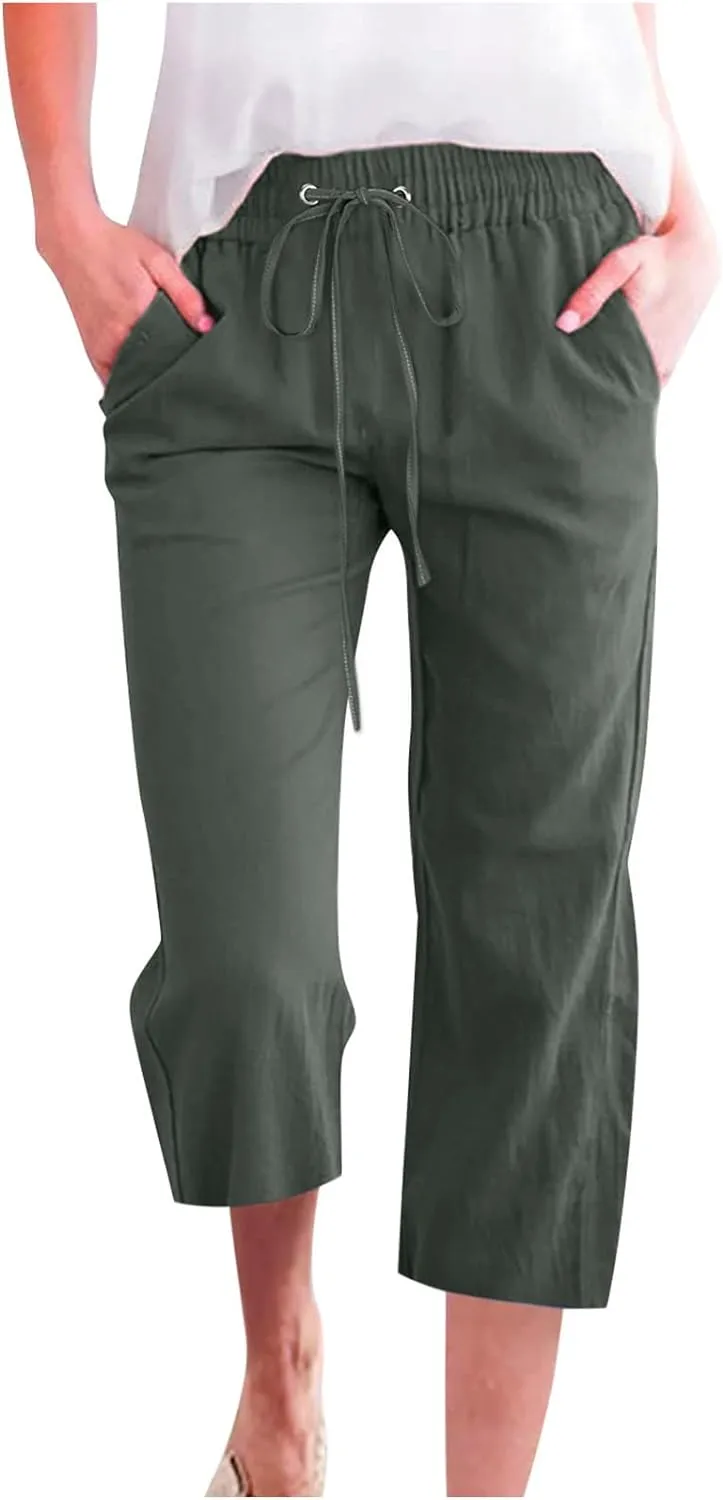 Womens Casual Linen Pants 2025 Spring Drawstring Elastic Waist Trousers with Pockets Fashion Capri Pants Clothing