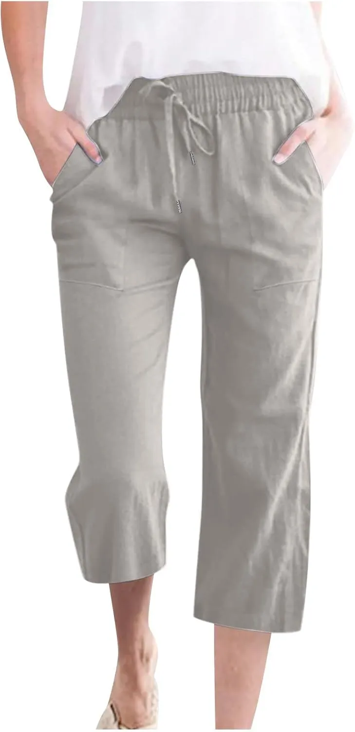 Womens Casual Linen Pants 2025 Spring Drawstring Elastic Waist Trousers with Pockets Fashion Capri Pants Clothing