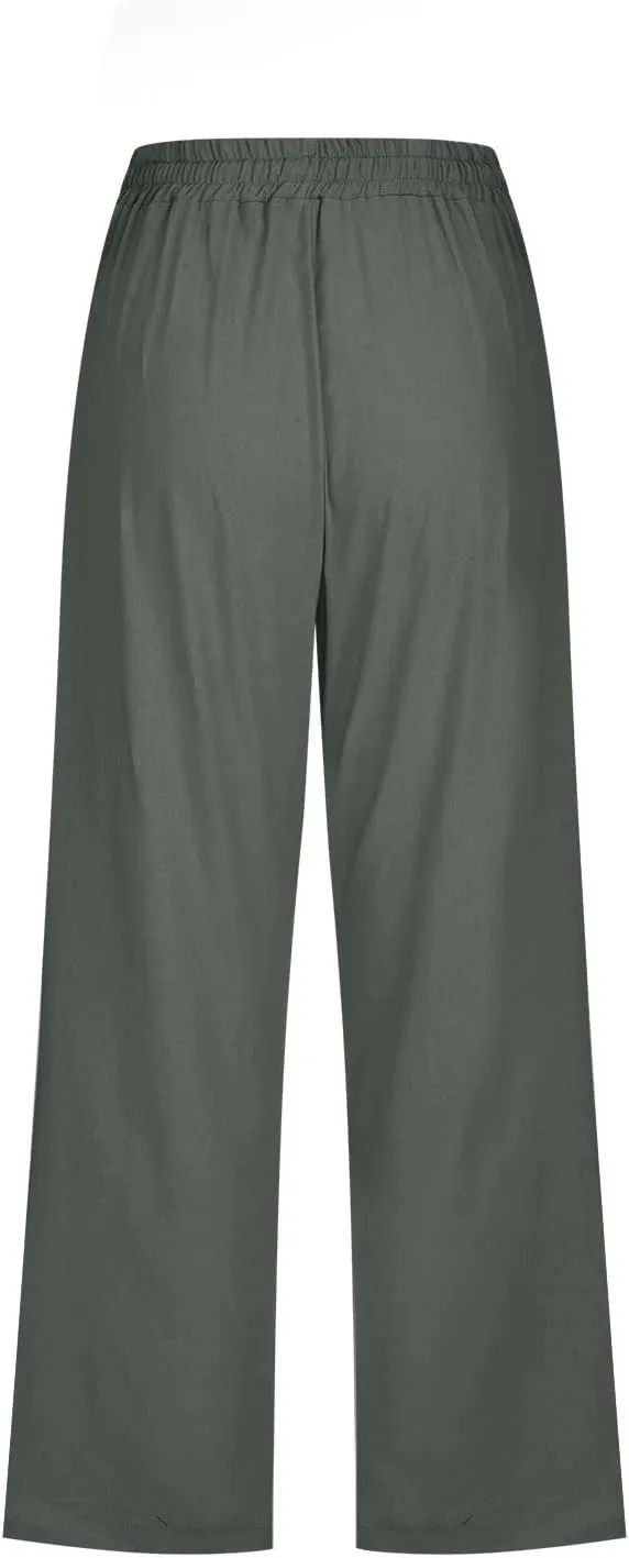 Womens Casual Linen Pants 2025 Spring Drawstring Elastic Waist Trousers with Pockets Fashion Capri Pants Clothing