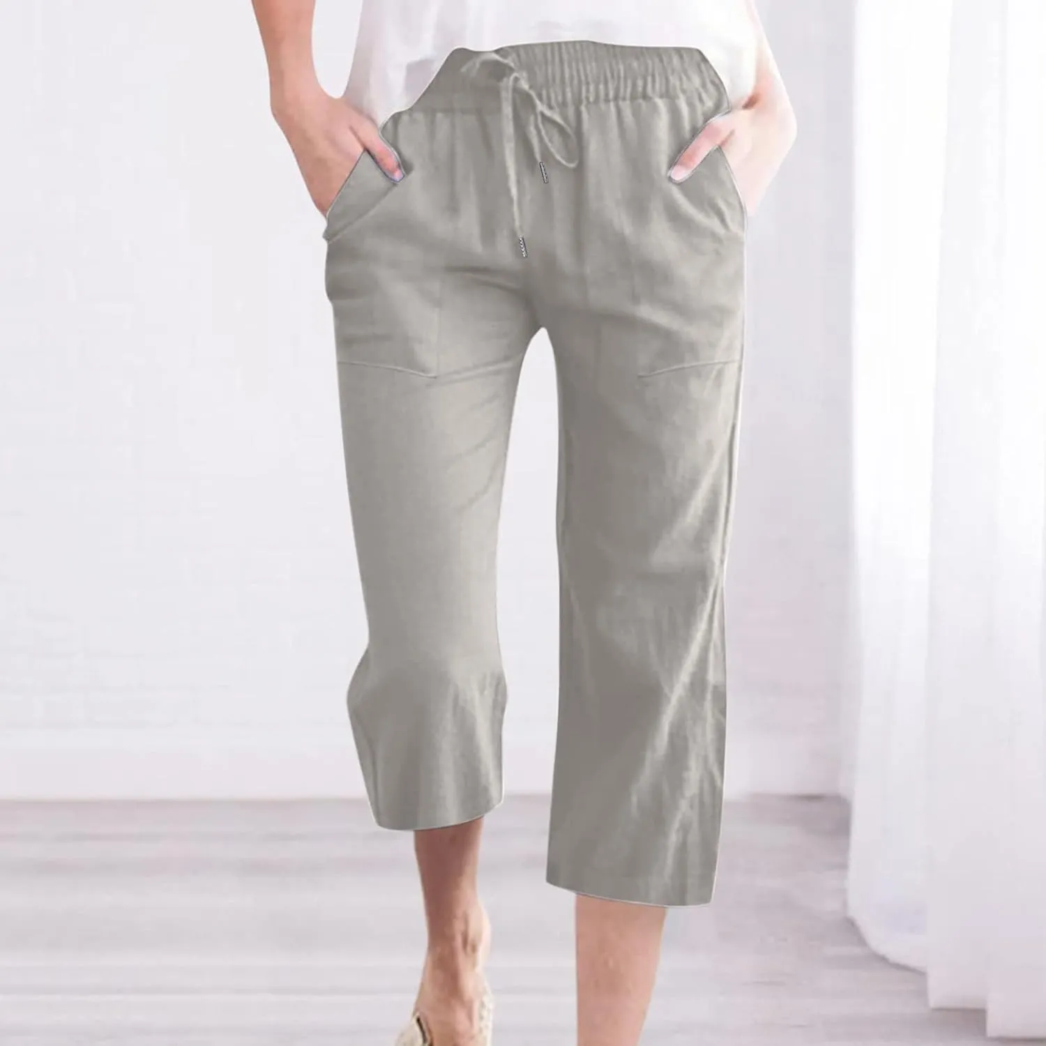 Womens Casual Linen Pants 2025 Spring Drawstring Elastic Waist Trousers with Pockets Fashion Capri Pants Clothing