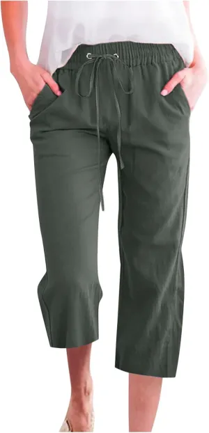 Womens Casual Linen Pants 2025 Spring Drawstring Elastic Waist Trousers with Pockets Fashion Capri Pants Clothing