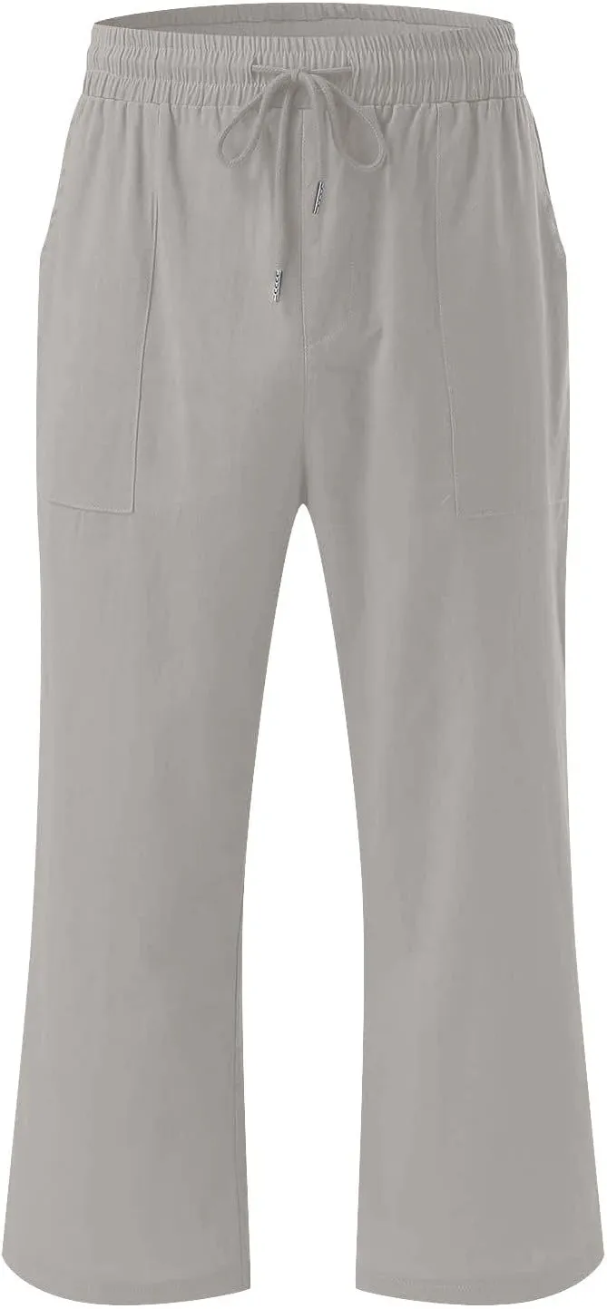 Womens Casual Linen Pants 2025 Spring Drawstring Elastic Waist Trousers with Pockets Fashion Capri Pants Clothing