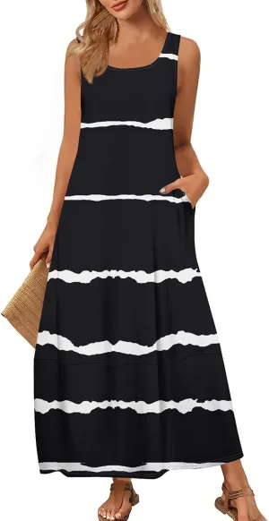 Women's Casual Maxi Sundress 2025 Summer Beach Dress Holiday Scoop Neck Sleeveless Loose Tank Dress with Pockets