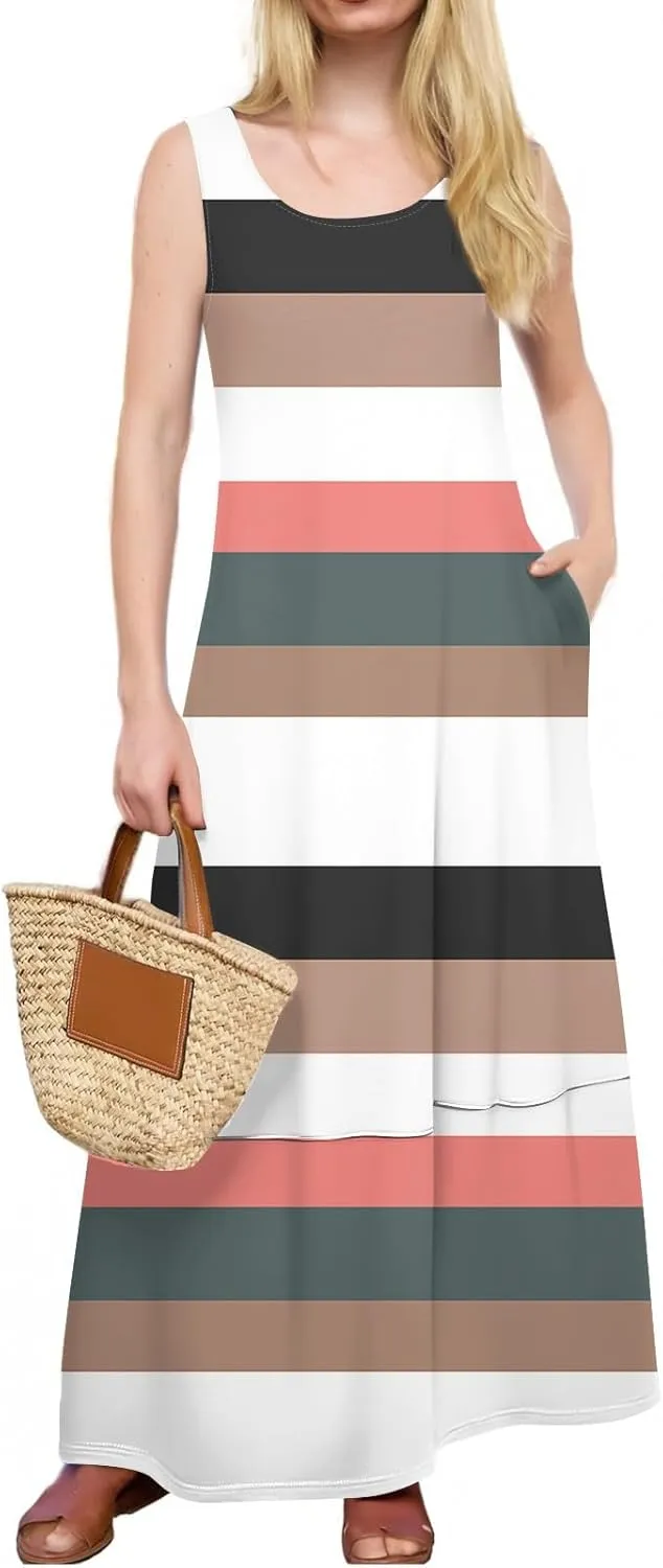 Women's Casual Maxi Sundress 2025 Summer Beach Dress Holiday Scoop Neck Sleeveless Loose Tank Dress with Pockets