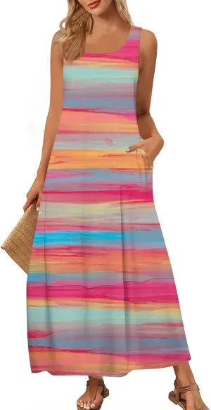 Women's Casual Maxi Sundress 2025 Summer Beach Dress Holiday Scoop Neck Sleeveless Loose Tank Dress with Pockets
