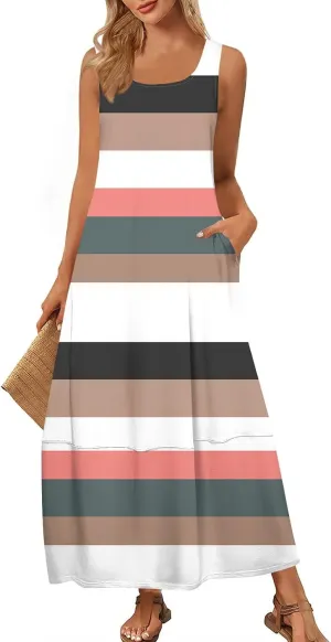Women's Casual Maxi Sundress 2025 Summer Beach Dress Holiday Scoop Neck Sleeveless Loose Tank Dress with Pockets